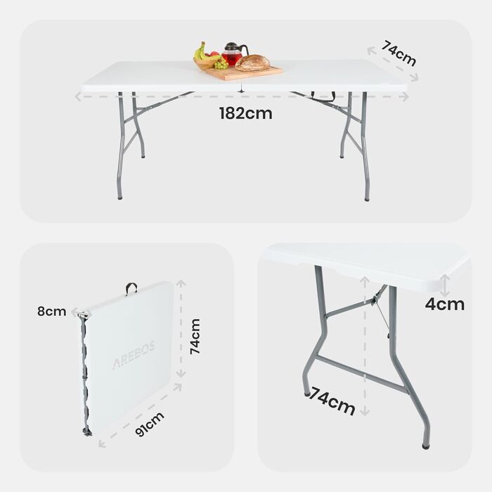 Складаний садовий стіл Arebos Buffettisch – 182 x 74 x 74 см, білий | для 8 осіб | з ручкою для перенесення | стіл для тераси, балкону та кемпінгу