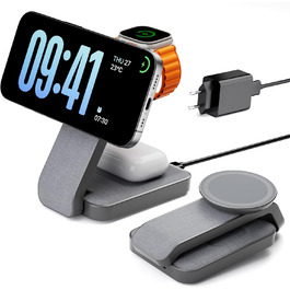 Зарядна станція MagSafe 3-в-1 для Apple Watch та iPhone. Біла (глибокий сірий). Підтримка iPhone 17, 16, 15, 14, 13, 12 Pro Max