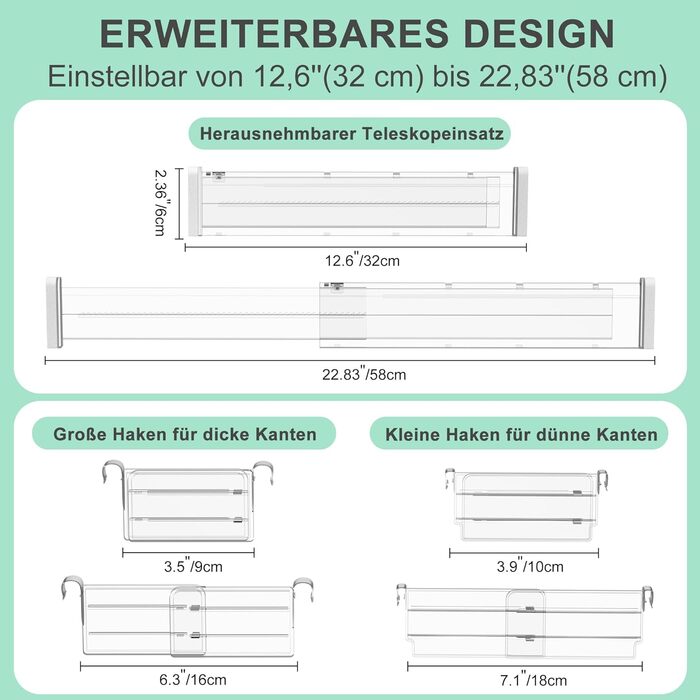 FUNIZE Adjustable Drawer Dividers with Inserts, 8 Piece, 32-58cm Long Dividers with 16 Piece 9-18cm Inserts, Expandable Drawer Organizer for Kitchen, Bedroom, Office Storage