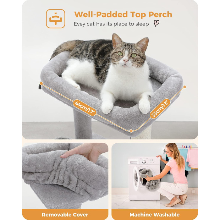 PETEPELA Small Scratching Post 51cm with Sisal Scratching Column, Scratching Board, Scratching Pad, Play Ball, Plush Cave for Kittens, Grey