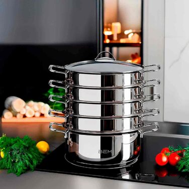 Набір для приготування на пару BEM: 6 предметів з нержавіючої сталі 18/10, діаметр 26 см. Російська мантоварка з вставкою для пари та скляною кришкою, каструля для приготування на пару, набір для приготування на пару. НЕ для індукційних плит.