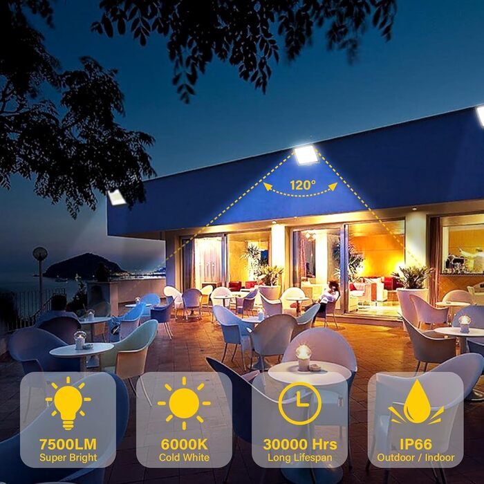 RIGIDON 2x 75W LED Floodlights Outdoor, 7500LM Outdoor Floodlight, 6000K Cool White IP66 Waterproof LED Floodlight, Outdoor Lamp for Garden, Courtyards, Garage, Hotel, Sports Field, Workshop