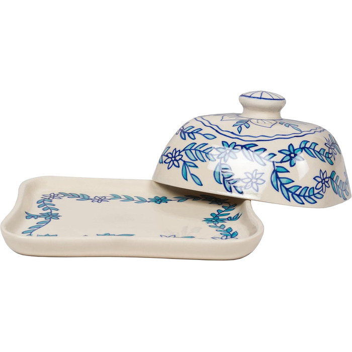 Ceramic Butter Dish with Lid, Colorful, Hand-Painted (Little Blue Flower)