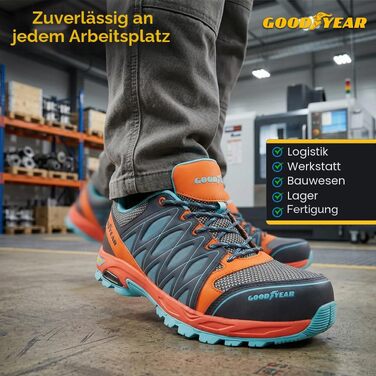 Чоловічі захисні робочі черевики Goodyear S1P SRA HRO, безметалеві, легкі та дихаючі, помаранчево-сині, розмір 44 EU