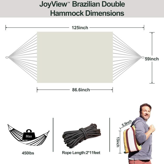 Гамак подвійний бразильський JoyView, бавовна, 220x150 см, білий – для тераси, саду, відпочинку (до 204 кг)