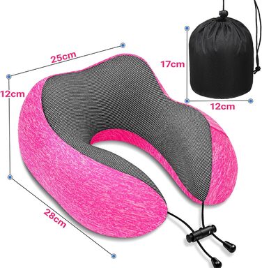 Подушка для шиї у літак - подушка для подорожей 100% Memory Foam - портативна подушка для літака - з 3D-маскою для сну та берушами - ідеальна для крісла літака, авто, дому, офісу, подушка для сну (Рожева)