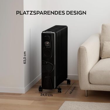 Електричний масляний радіатор Heinrich з 13 ребрами, 2500W, з вентилятором, терморегулятором, захистом від перегріву та нахилу, чорний