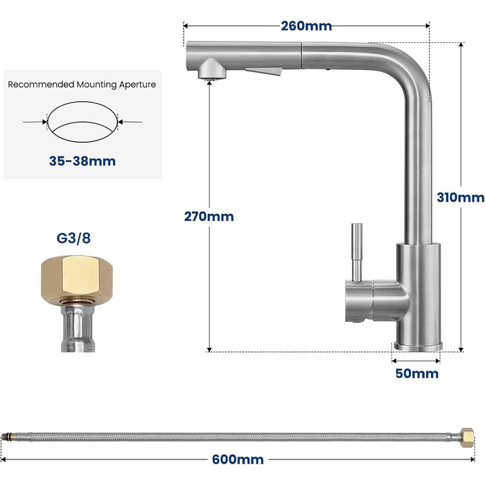 Змішувач кухонний висувний CECIPA з донним виливом, нержавіюча сталь, 2 режими, 360° оберт, високий тиск