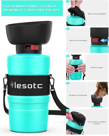 Складана пляшка для води для собак Lesotc, 1000 мл, блакитний колір (для прогулянок, подорожей, кемпінгу)