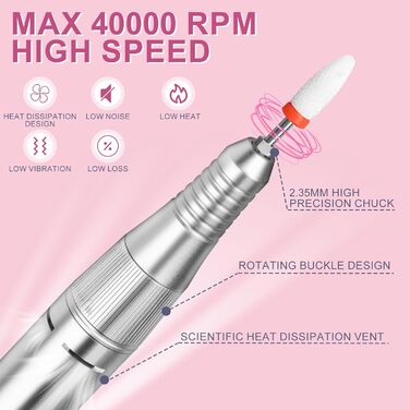 Електричний апарат для манікюру та педикюру Nagelfräser 12в1 з алмазним набором для гелю та акрилу, 40000 об/хв, білий