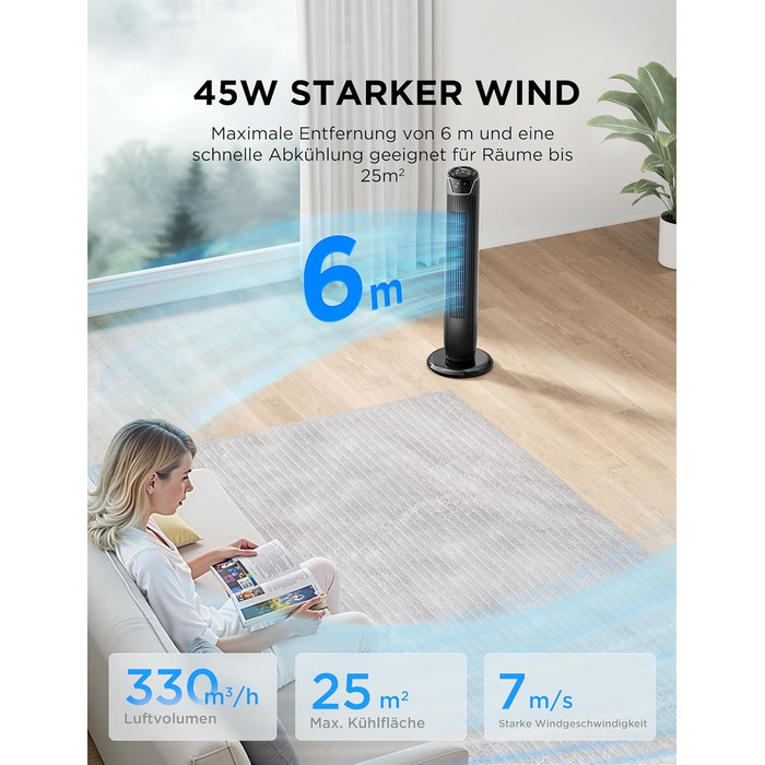 Вентилятор підлоговий Midea FZ10-17JR Tower 92 см з пультом, 3 режими, 3 швидкості, таймер 7 год, чорний