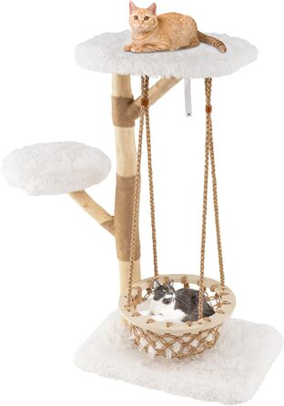 Дерев'яний кігтеточки COSTWAY для котів з гамаком, мотузкою, натуральними гілками та стійкою з джуту, 2 стійки та платформа, кігтеточки для котів, кліматична вежа, натуральний+білий (123 см)