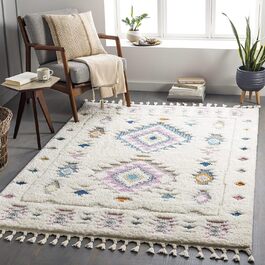 Surya Suva Rug Bedroom, Living Room, Dining Room, Hallway - Modern Boho Rug Geometric Pattern - Soft Scandinavian Living Room Rug Blue, Lavender, Orange, White - 160x213cm Large Lavender, Blue, Yellow
