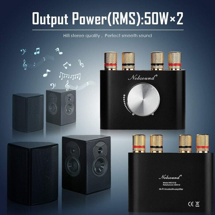 Nobsound Міні Bluetooth 5.0 цифровий підсилювач HiFi стерео 2.0 каналів 2×50 Вт, бездротовий аудіоприймач з блоком живлення, чорний