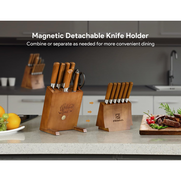 Набір кухонних ножів 15 предметів з дерев'яним блоком, сталь Damast, магнітний тримач, ножі для стейку - ідеальний подарунок