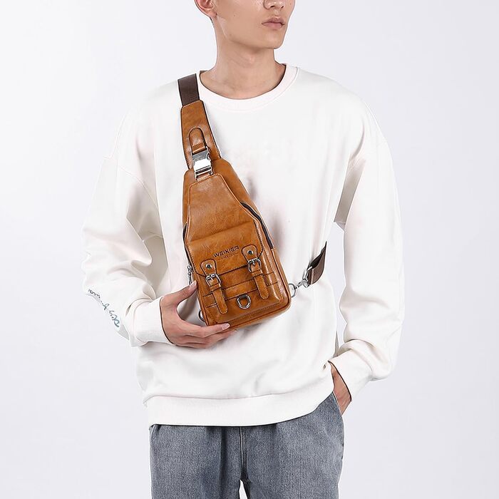 Чоловіча нагрудна сумка через плече з PU-шкіри, водонепроникна, світло-коричнева