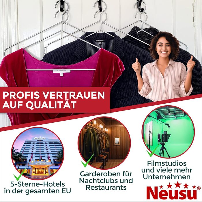 Neusu Clothes Hangers, Metal, Stable, 45cm x 5mm Thick Metal - Extra Strong Coat Hangers in Hotel Quality - (10 Pieces)