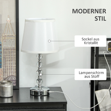 HOMCOM Table Lamp LED Desk Lamp USB Rechargeable, Crystal Nightstand Lamp, Lamp Base E27, for Living Room Bedroom, Glass, Silver 23 x 23 x 45 cm | Aosom