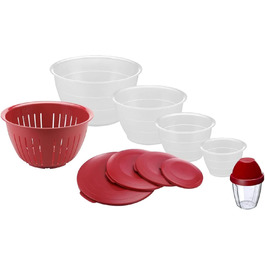 Westmark Set, 4 bowls including lids and strainer, 9-piece + shaker, capacity: 0.6/1.3/2.5/4.4 liters, plastic, BPA-free, Olympia, color: Transparent/Red, 242022E8