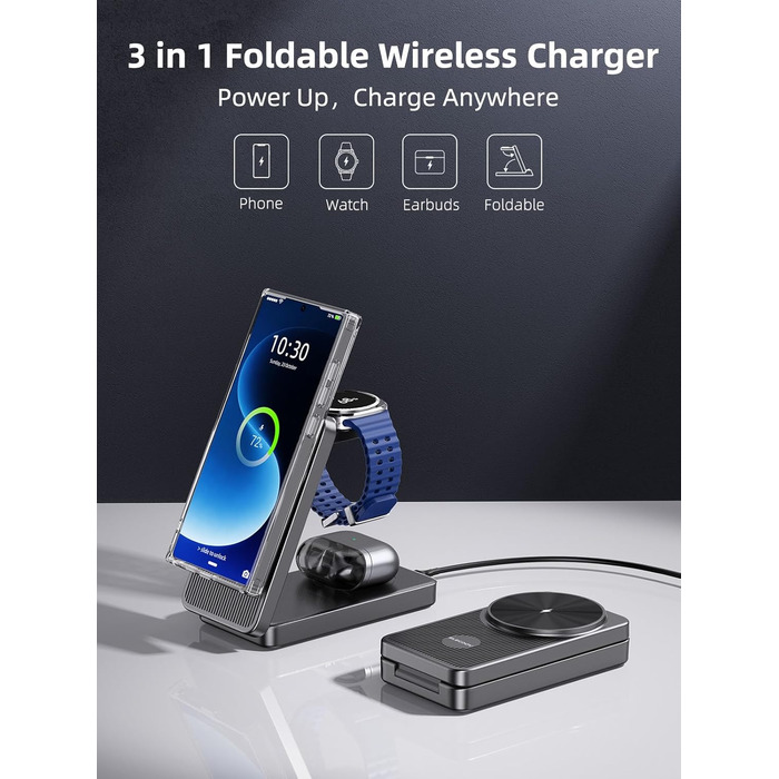 Бездротова зарядка 3-в-1 MagSafe для Samsung Galaxy S25 Ultra та інших моделей, з підтримкою годинників та навушників