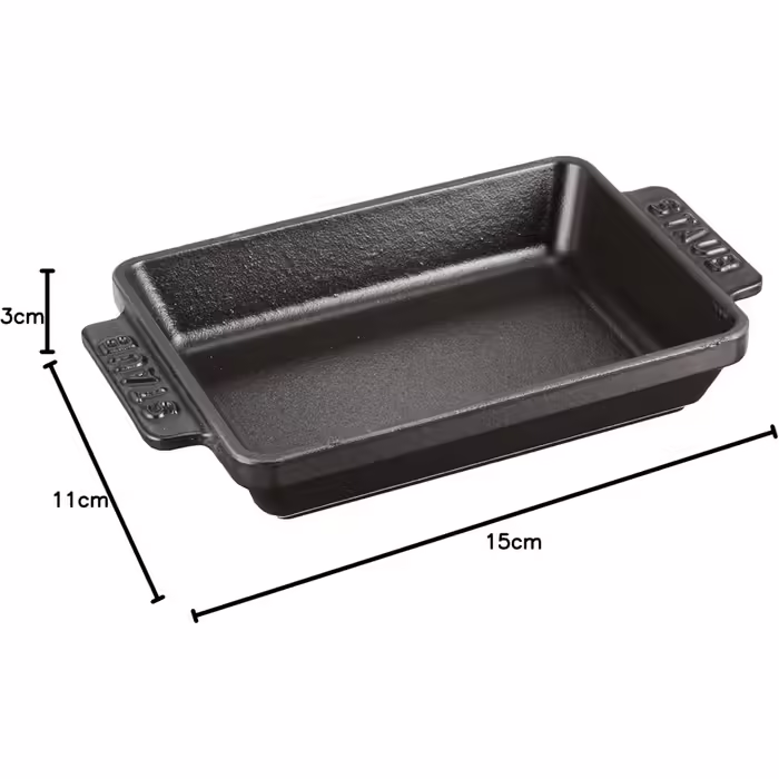 STAUB Прямокутна жароміцна форма з чавуну, 15x11 см, 0,25 л, чорна, з 2 ручками, для всіх типів плит та духовки, сервірувальна тарілка