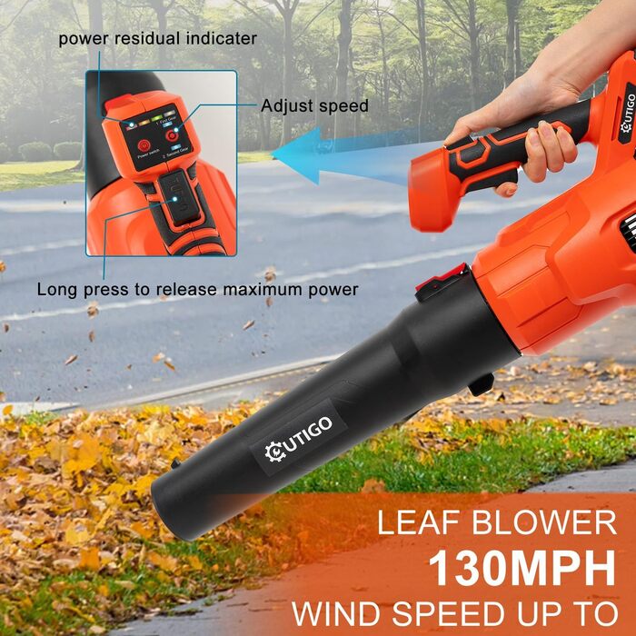 Leaf Blower, Electric Leaf Blower with 2 x 4.5AH 21V Battery and Charger, 49m/s, 3.9m³/min, Battery-Powered Blower for Lawn Care, Removal of Leaves/Mud/Snow/Car Dust