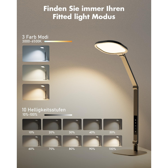 Стійка лампа LED з регулюванням яскравості, захист зору, денне світло, торшер для столу з 3 режимами кольору та сенсорним керуванням/функцією пам'яті, 15W, поворотна, чорна
