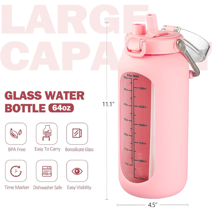 BLUEGO 2000ml Glass Water Bottle with Stainless Steel Handle and Time Marker 2L Motivation Glass Dryer with Silicone Sleeve and Straw for Gym, Office, Outdoors, Sports Water Bottles BPA-free, (Pink)