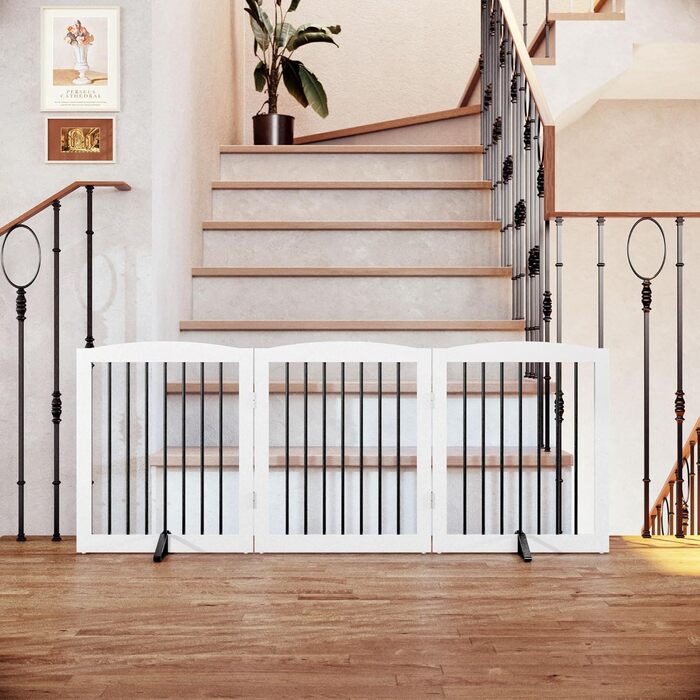 Захисний бар'єр для собак, сітка-перегородка для дому без свердління, металева та дерев'яна, складна, біла, 4 панелі