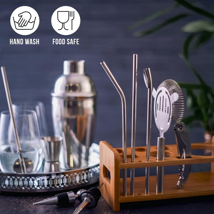 Професійний набір для приготування коктейлів Oak & Steel з нержавіючої сталі (13 предметів) з дерев'яним підставкою, рецептами коктейлів та шотів - аксесуари для бару