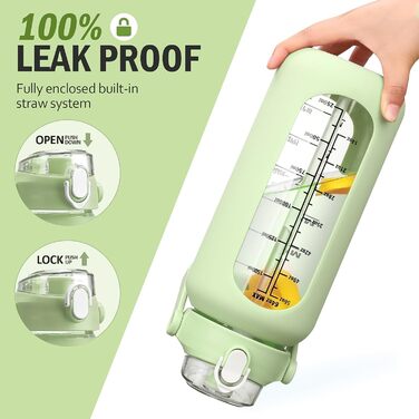 2L Glass Water Bottle with 2 Lids, Flip and Tumble, Lid, 2 Liter Large Water Jug with Time Marker and Silicone Sleeve, BPA-free, Leak-proof for Sports Gym, (Light Green)