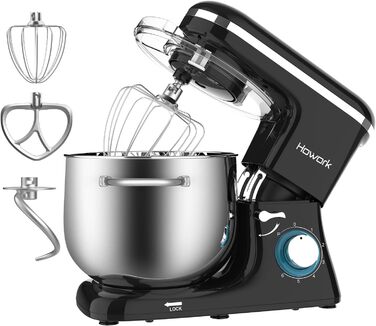 Кухонна машина Howork Knetmaschine: потужна 1500W, 8L, нахильна чаша, 6 швидкостей, міксер, гак для тіста, сплітштор, чорний