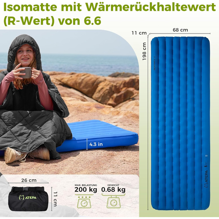 Каремат туристичний ATEPA ThermAir Ultraleicht - ізольований, 6R, R-значення 6.6, 7 камер, 11см товщини, блакитний