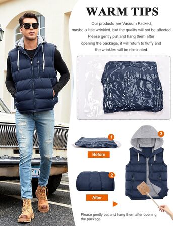 Чоловіча степна жилетка Vancavoo з капюшоном, тепла зимова жилетка для активного відпочинку, спортивна жилетка, перехідна куртка (темно-синій, L)