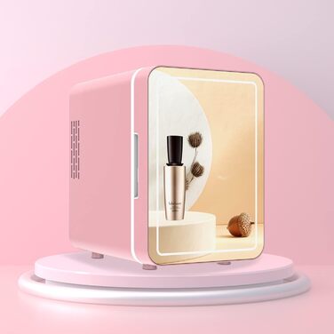 Olvy Skincare Fridge - 4 Liter Mini Fridge with LED Mirror - Portable Beauty Fridge, Cooling & Heating for Room Use (Pink)