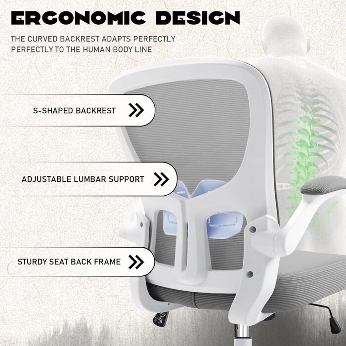 Ергономічне крісло для офісу та робочого столу з підйомними підлокітниками, регульованою підтримкою попереку, регульованою висотою поворотного п'єдесталу та спинкою з сіткою, що нахиляється до 130°, (Сірий)