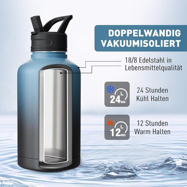 2L Stainless Steel Water Bottle with Straw, Double-Insulated Water Bottle 2 Liter with Two Lids and Protective Silicone Boot, Practical Paracord Handle for Carrying - Gradient Color