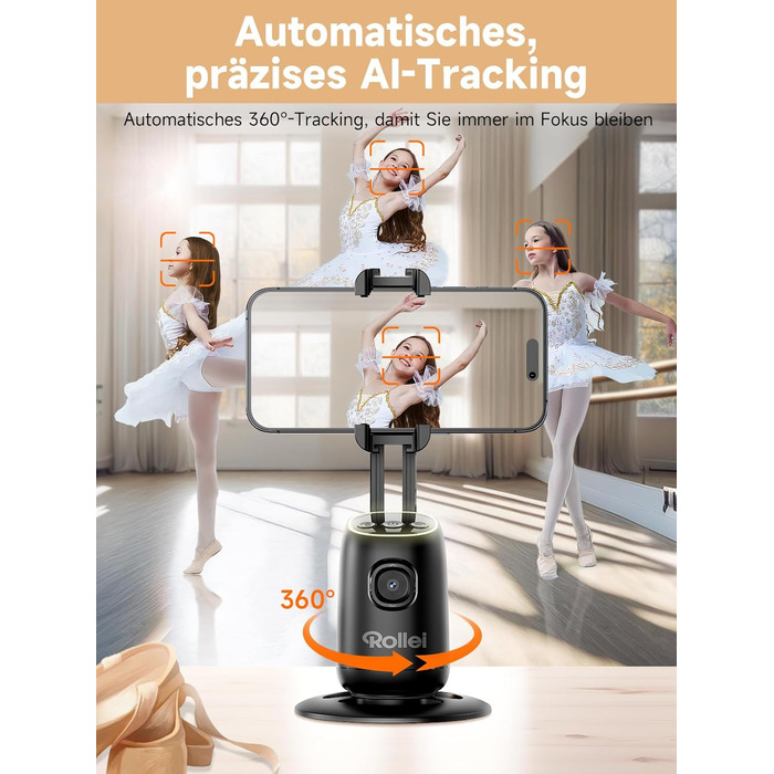 Rollei Easy Creator Desktop: Стабілізатор відео для смартфонів з AI-трекінгом, 360° обертання, вбудований акумулятор, для TikTok Live Streaming