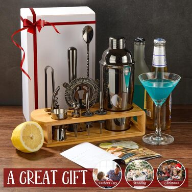 Набір шейкер для коктейлів Barkeeper Kit: 12 предметів з бамбуковим стійкою | Набір бармена з аксесуарами, для приготування напоїв, бару, дому, лаунж та вечірки (Золотий) (з титановим покриттям)