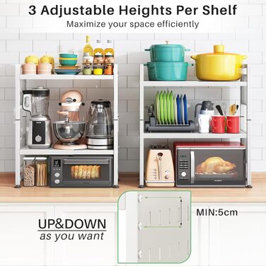 Поличка для мікрохвильової печі SAYZH, 3-рівнева висувна, органайзер для кухні з 10 гачками, біла