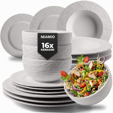 MIAMIO Набір посуду 16 предметів / Сучасний керамічний посуд / Набір посуду на 4 особи - Колекція Oasis (16 шт) / Білий посуд з суповими тарілками (16 шт)