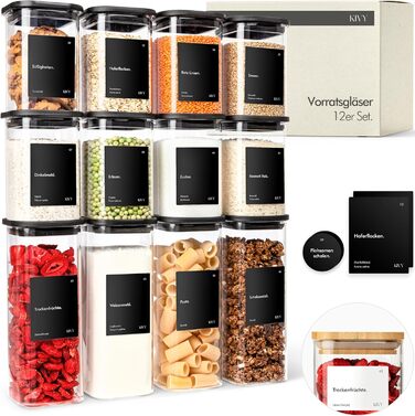 12 шт. скляні контейнери для зберігання KIVY – чорні, повітряно-непроникні, з кришкою