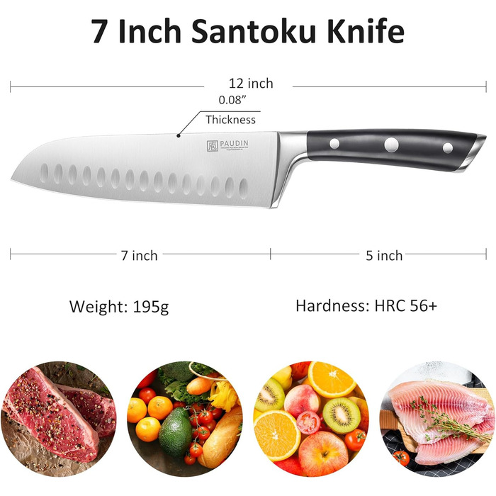 Кухонний ніж Santoku PAUDIN 17 см, професійний, японський стиль, з німецької високовуглецевої сталі, надгострий, довговічний, ергономічна ручка