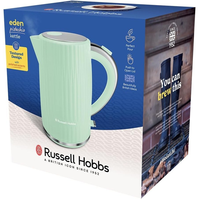 Russell Hobbs Kettle [1.7L 2400W] Eden White, Stainless Steel Accents (removable scale filter, lid opening with a push of a button, water level indicator, illuminated switch, BPA free) Teakettle 27360-70 (Pistachio)