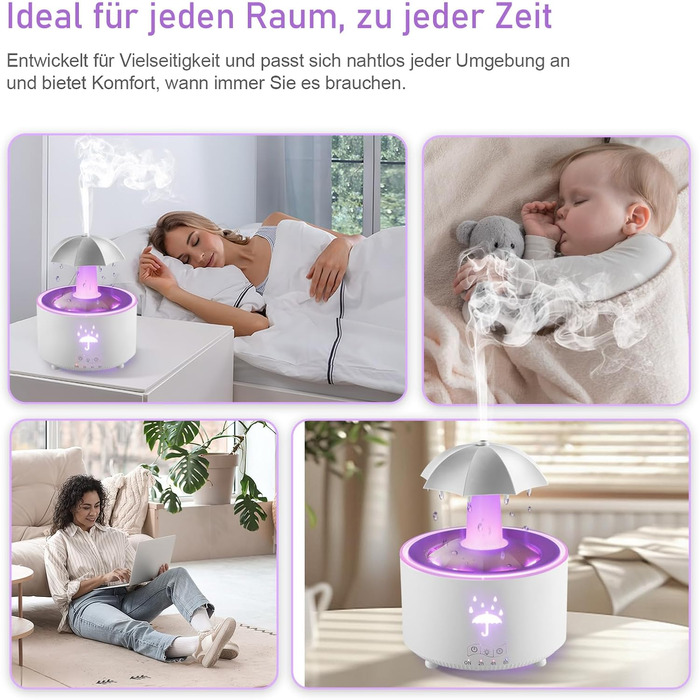 Зволожувач повітря Justup у вигляді парасольки, з LED-підсвіткою 7 кольорів, аромадифузор для ефірних олій, 300 мл, з пультом ДК, білий