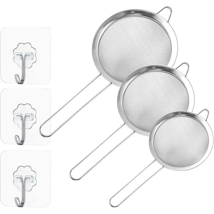 Набір сит з нержавіючої сталі Hinapan (3 шт.), дрібний профіль, стабільні ручки, 3 гачки, придатні для миття в посудомийній машині, ідеально підходять для борошна, рису, кіноа, чаю та макаронів