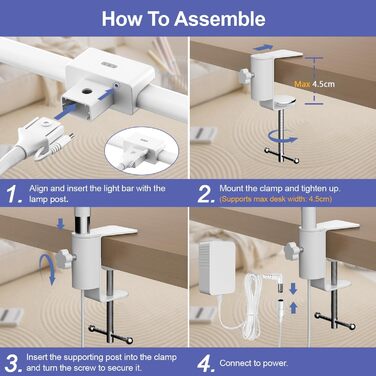 LED настільна лампа EppieBasic 24W з регулюванням яскравості, 80см, з кріпленням, захистом для очей, гнушим шийкою, для офісу, монітора, робочого місця, з таймером, чорна