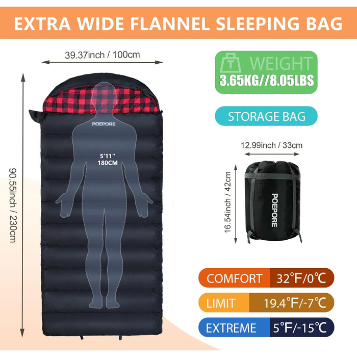 Спальний мішок Poepore Outdoor Winter для дорослих, Extra Wide, 3-4 сезони, XXL, теплий, бавовна, фланель, для кемпінгу, походів, пригод, 230*100 см, 0°C (Червоний, -6°C)