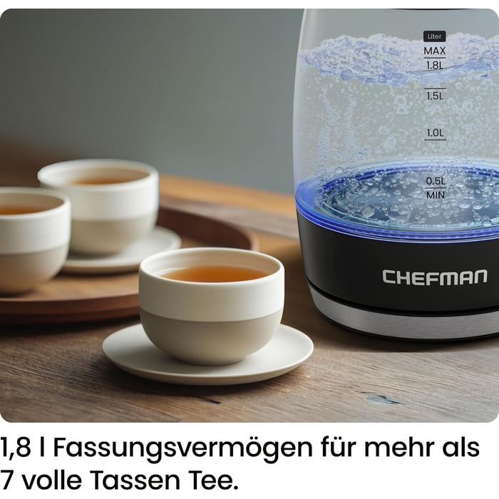Електричний чайник Chefman 1.8L з нержавіючої сталі, 3000W, знімний кришка, автоматичне відключення, захист від сухого кипіння, фільтр з нержавіючої сталі, BPA Free, чайник з боросилікатного скла