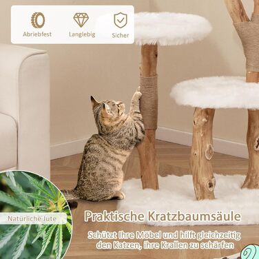 Дерев'яний кігтеточка для котів SOARS з 3-ма природними стовбурами, ліжко для котів та плюшеві поверхні, кігтеточка з іграшковим м'ячиком та джутовим мотузком, багатоповерхова, 59 x 49 x 110 см, білий колір